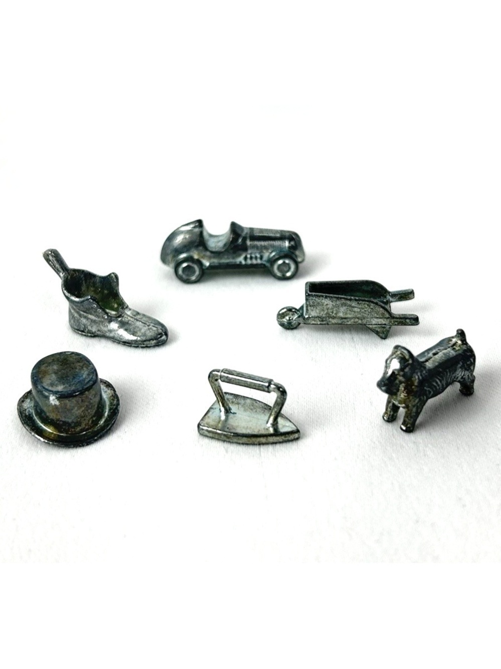 Hasbro Monopoly 1996 Metal Player Pieces Set of 6 Hat, Shoe, Dog, Iron, Car